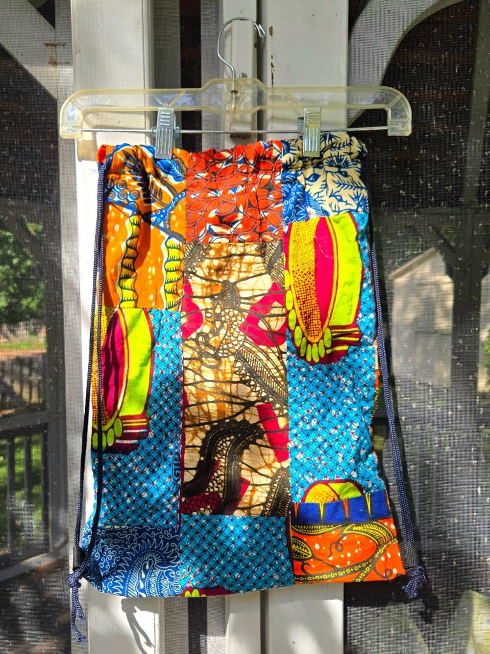 Handmade Ghana Ankara Patchwork Drawstring Backpack African Wax Print Cinch Bag